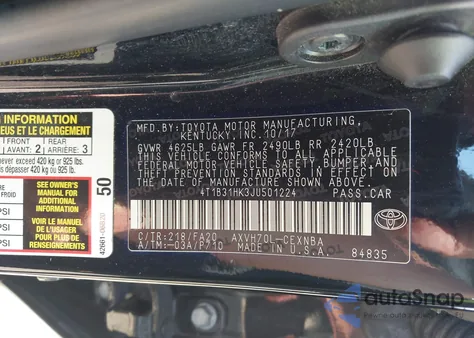 2018 Toyota Camry Le z USA, uszkodzony, nr VIN 4T1B31HK3JU501224